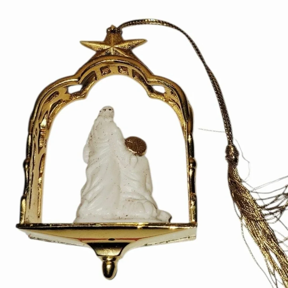 Vintage Lenox Holy Family Nativity Christmas Ornament Gold Tone Manger